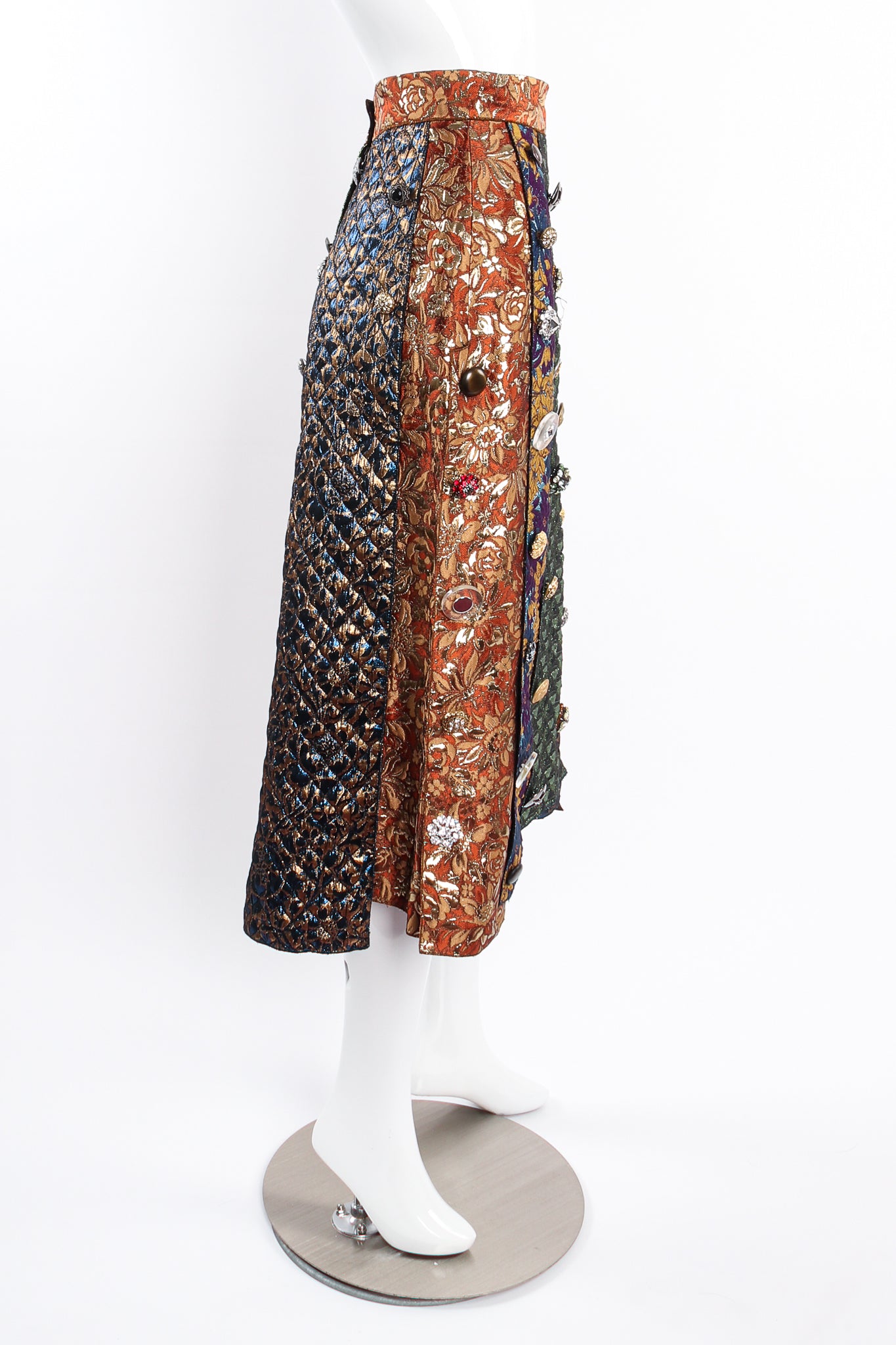 Vintage Dolce & Gabbana Brocade Pieced Panel Midi Skirt on mannequin side at Recess Los Angele