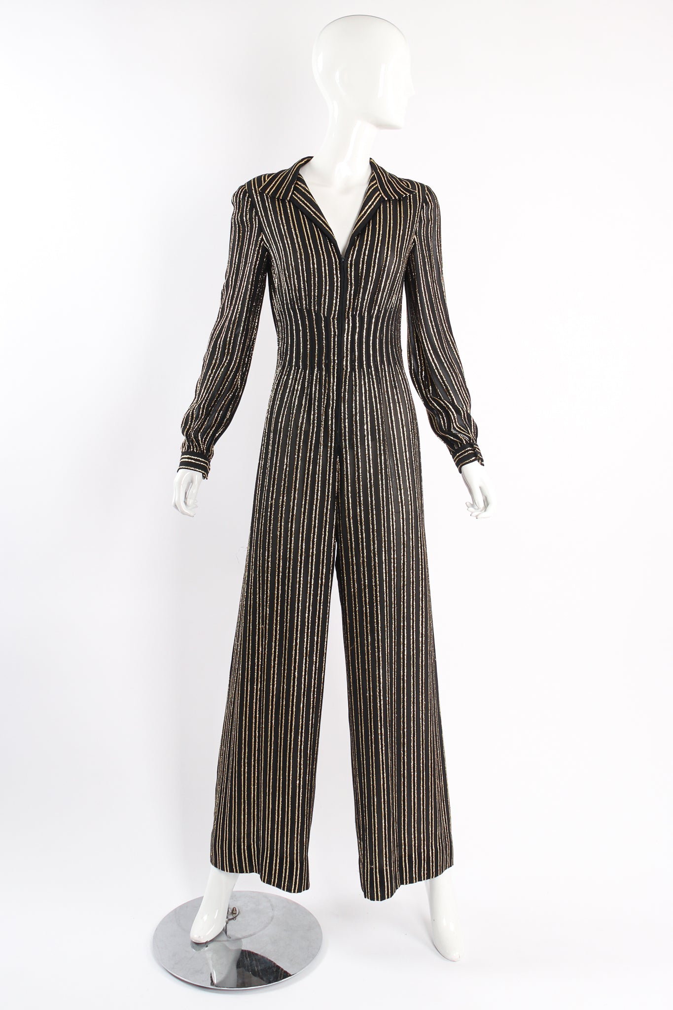 Vintage Dominic Rompollo Lurex Striped Jumpsuit on mannequin front at Recess Los Angeles