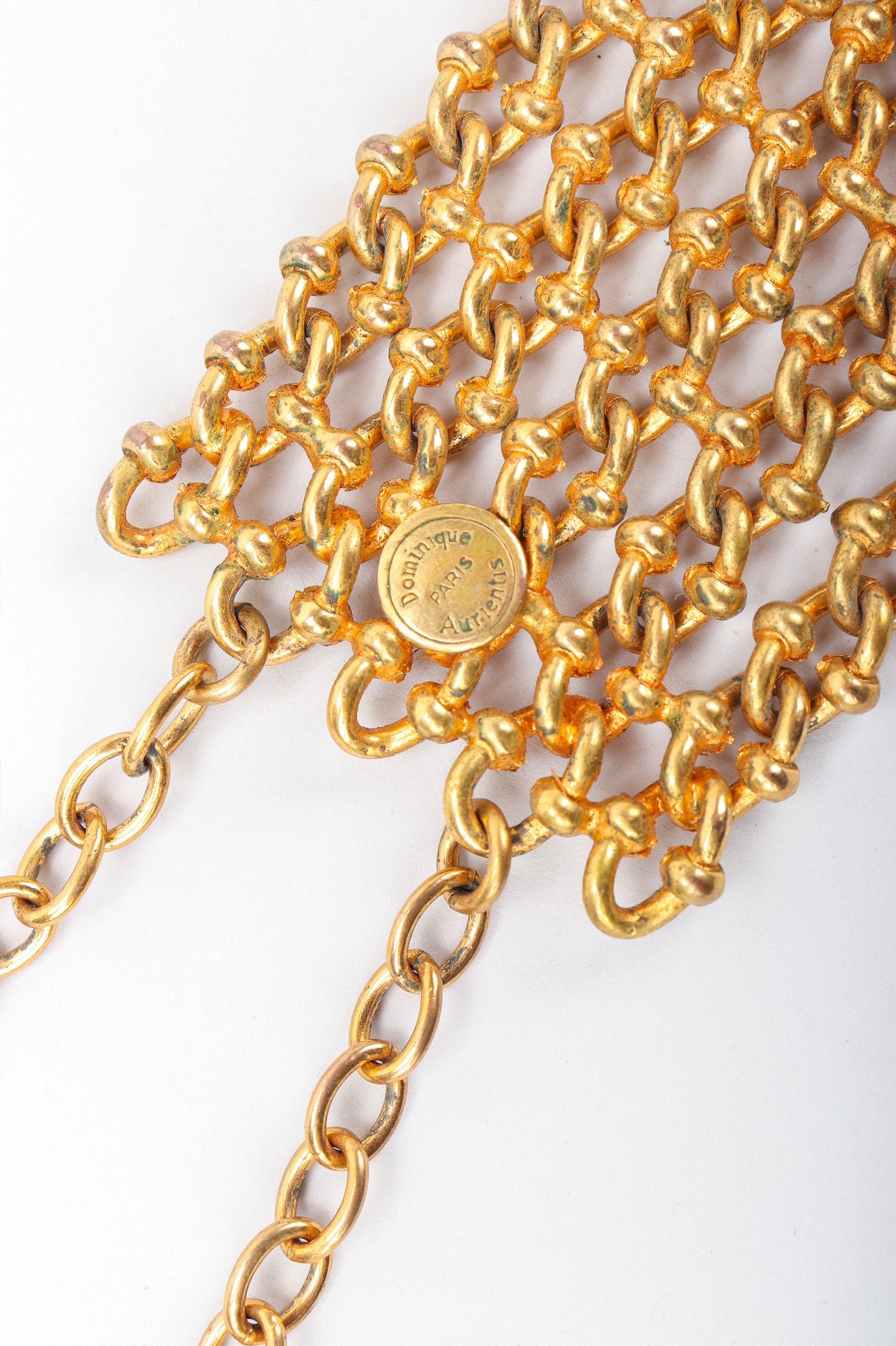 Recess Vintage Dominique Aurientis Gold chain link choker necklace round signature cartouche