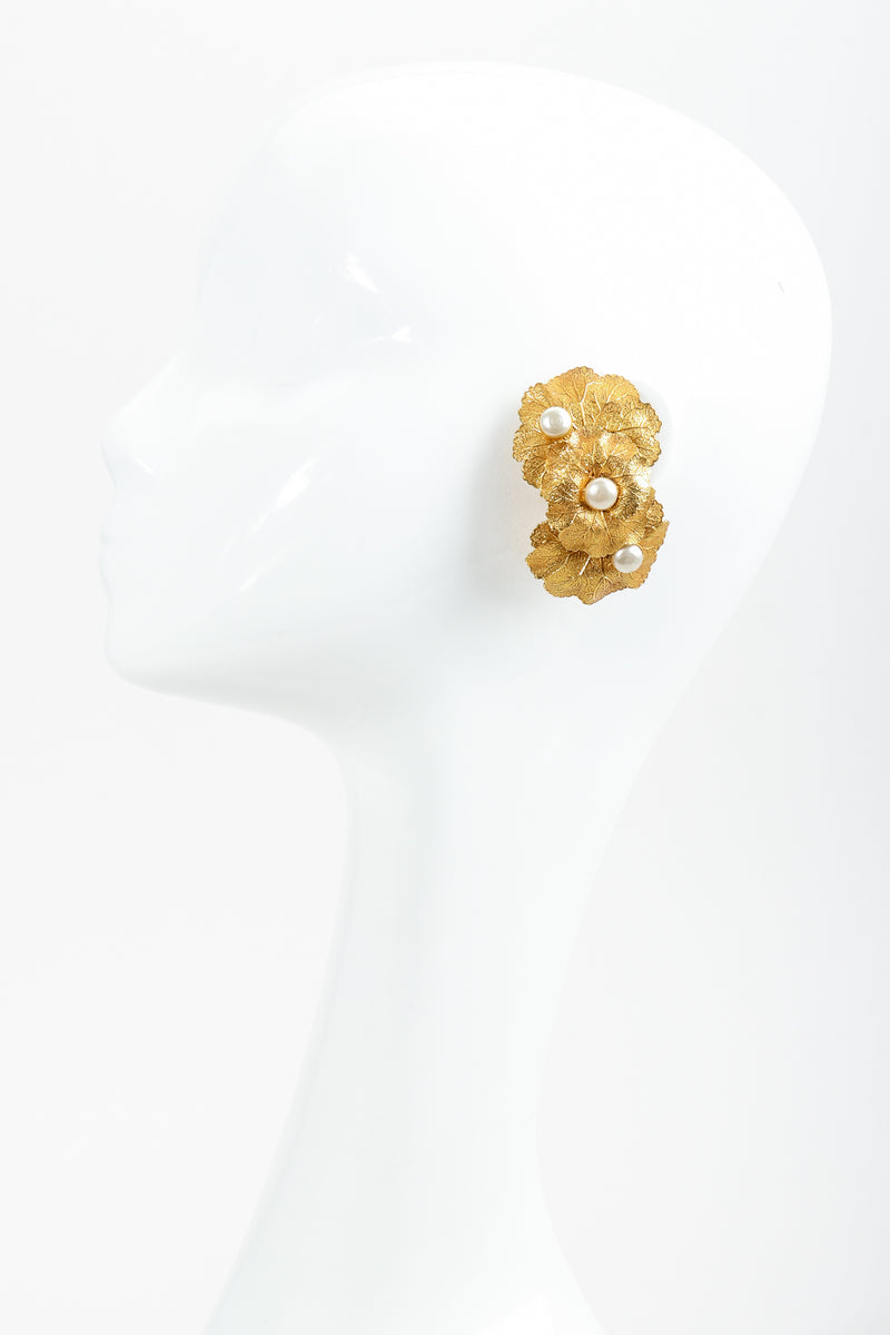 Vintage Dominique Aurientis Gold Leaf Cluster Pearl Earrings on mannequin at Recess LA