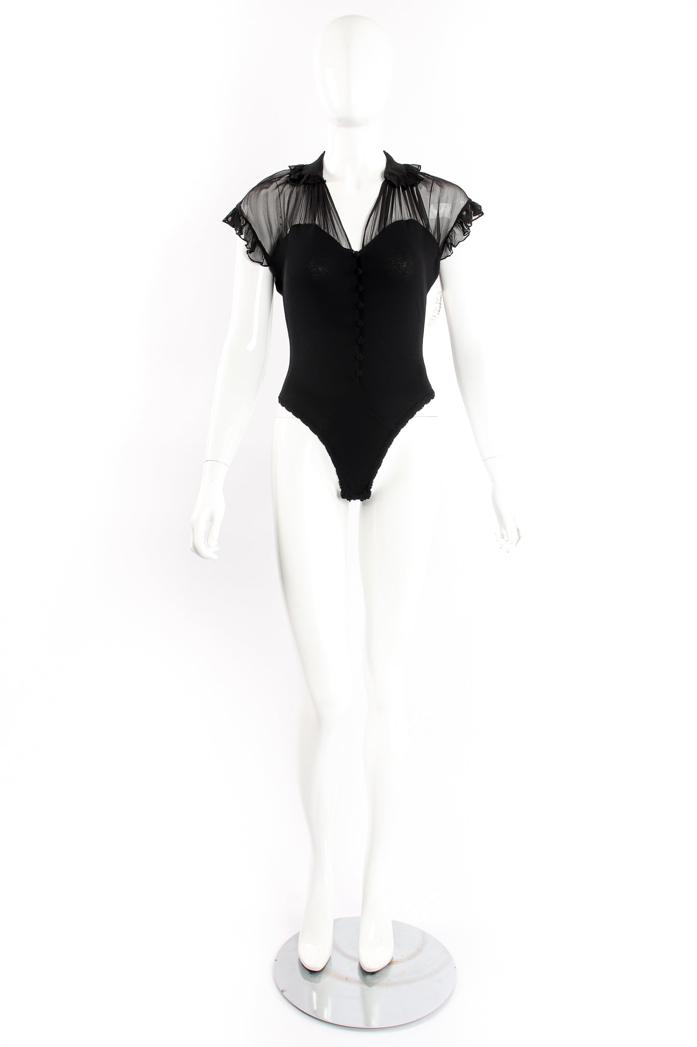 Vintage Donna Karan Chiffon Ruffle Illusion Bodysuit on Mannequin front at Recess Los Angeles