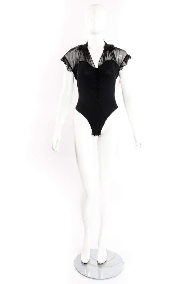 Vintage Donna Karan Chiffon Ruffle Illusion Bodysuit on Mannequin front at Recess Los Angeles