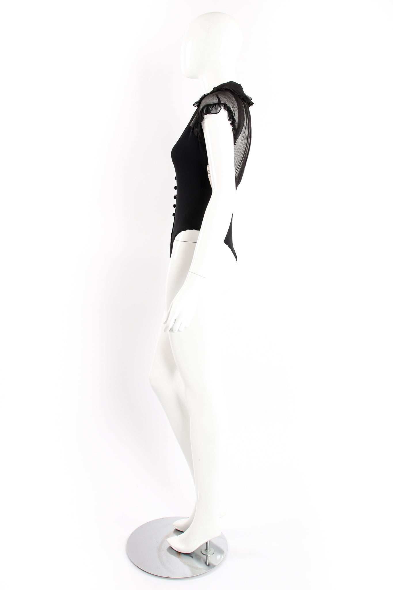 Vintage Donna Karan Chiffon Ruffle Illusion Bodysuit on Mannequin side at Recess Los Angeles