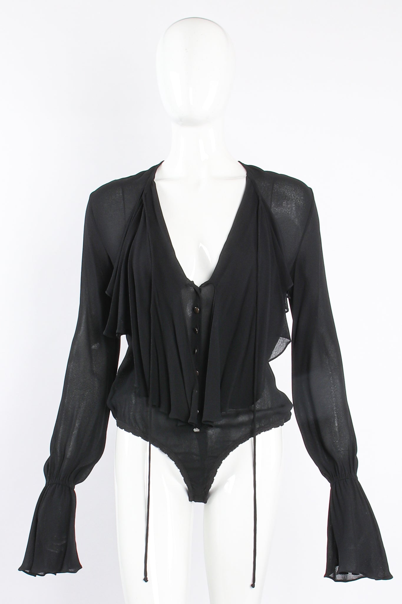 Vintage Donna Karan Essentials Sheer Georgette Jabot Bodysuit on Mannequin open at Recess LA