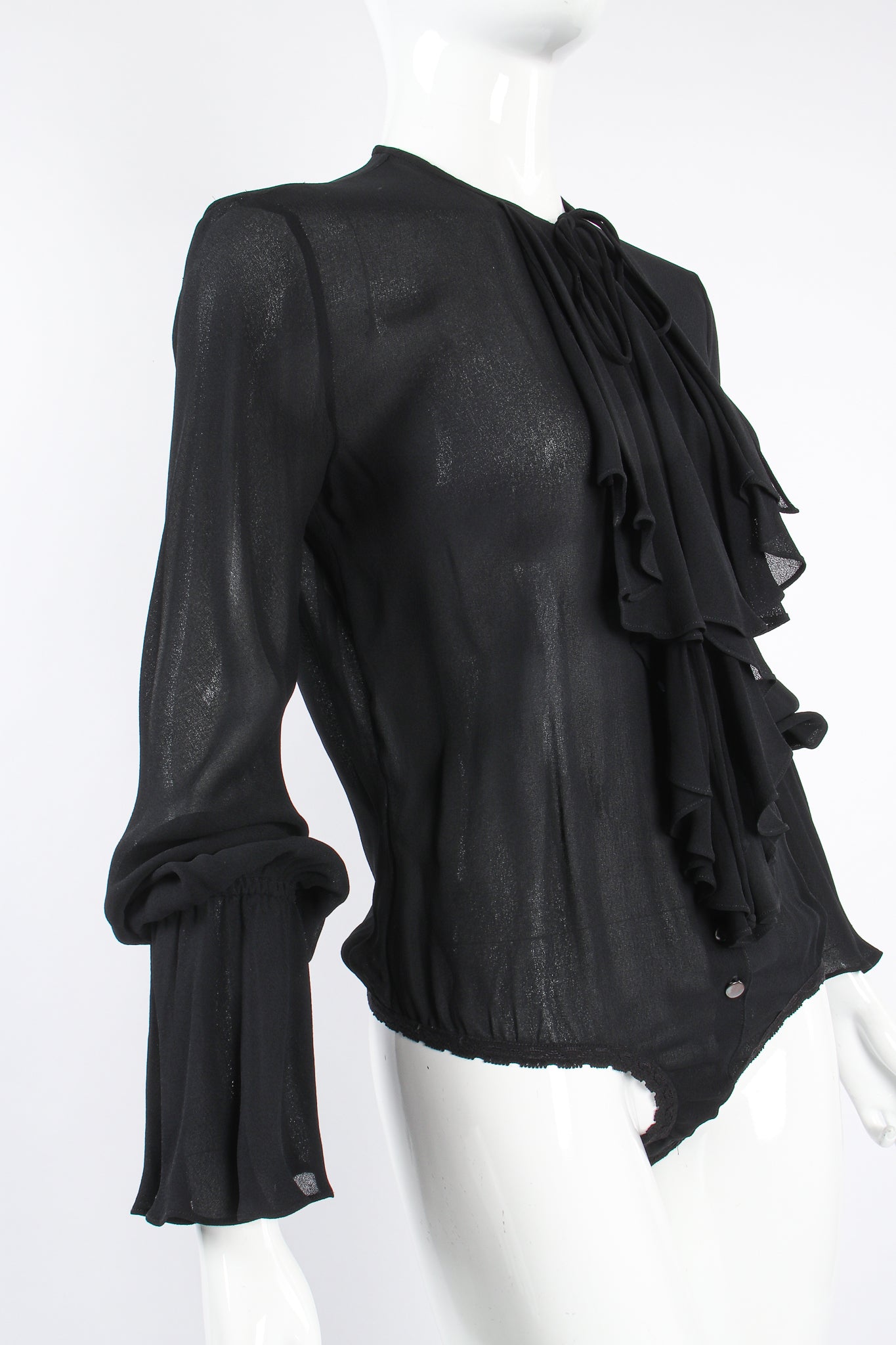 Vintage Donna Karan Essentials Sheer Georgette Jabot Bodysuit on Mannequin angle at Recess LA