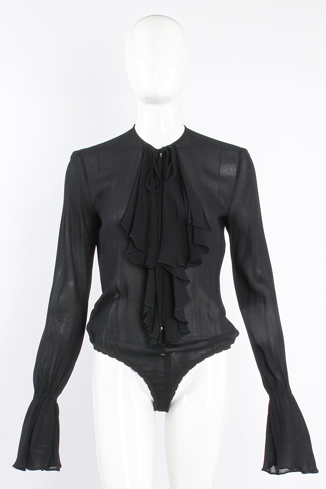 Vintage Donna Karan Essentials Sheer Georgette Jabot Bodysuit on Mannequin front at Recess LA