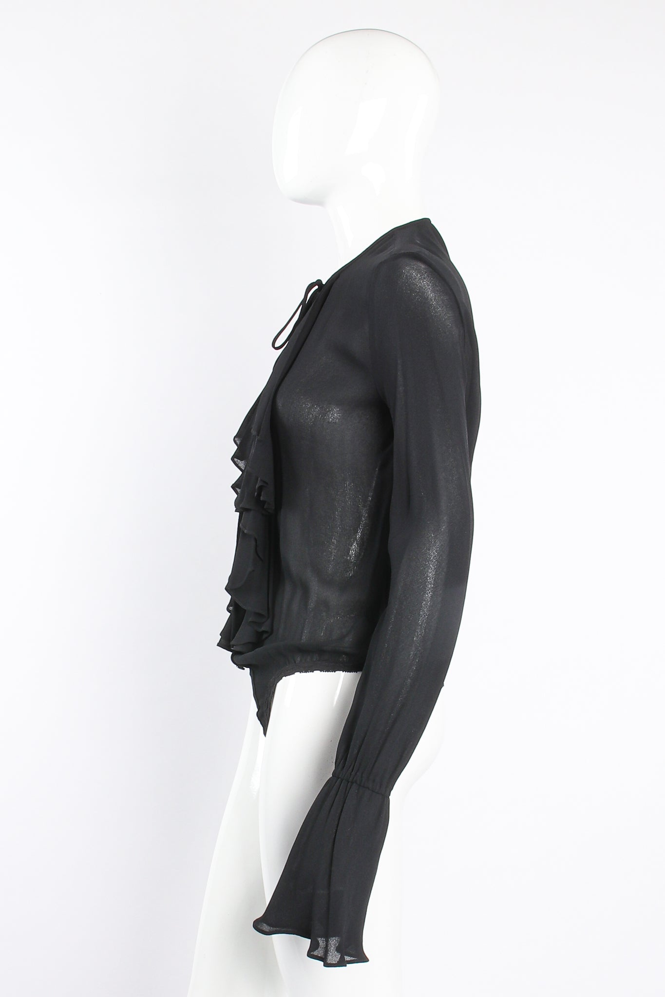Vintage Donna Karan Essentials Sheer Georgette Jabot Bodysuit on Mannequin side at Recess LA