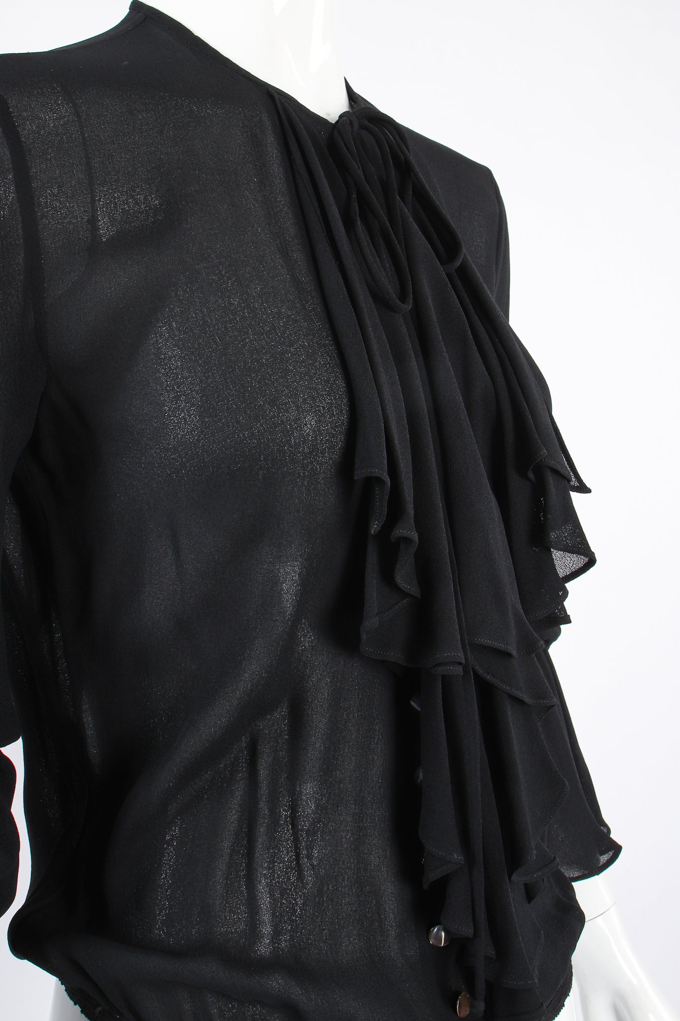 Vintage Donna Karan Essentials Sheer Georgette Jabot Bodysuit on Mannequin neck detail @ Recess LA