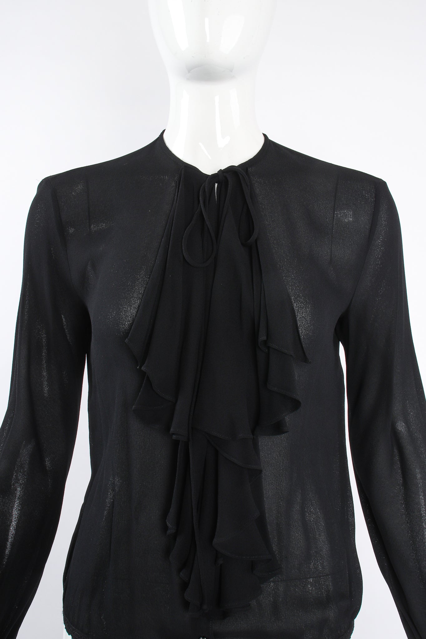 Vintage Donna Karan Essentials Sheer Georgette Jabot Bodysuit on Mannequin front @ Recess LA