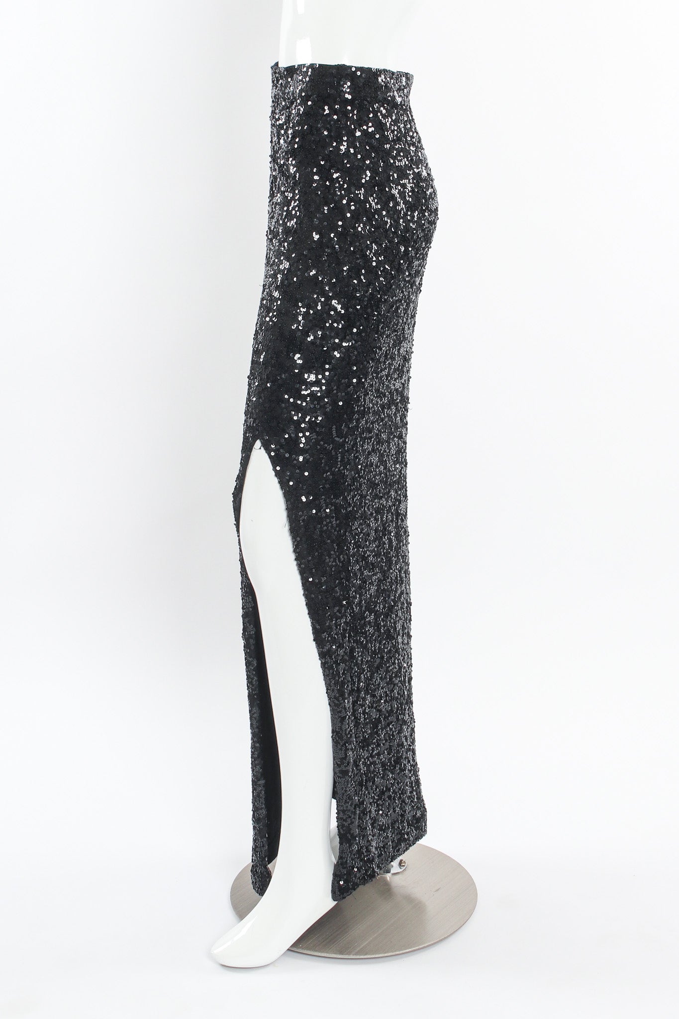 Vintage DKNY Donna Karan Silk Sequin Bodycon Skirt mannequin L side slit open @ Recess LA