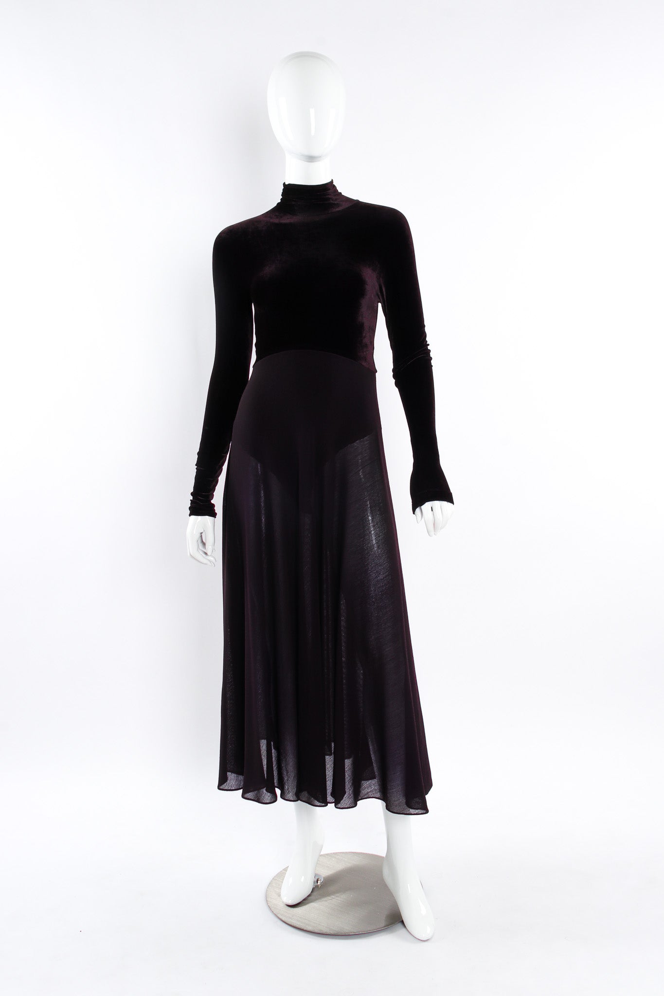 Vintage Donna Karan New York Velvet Bodysuit Sheer Dress mannequin front @ Recess LA