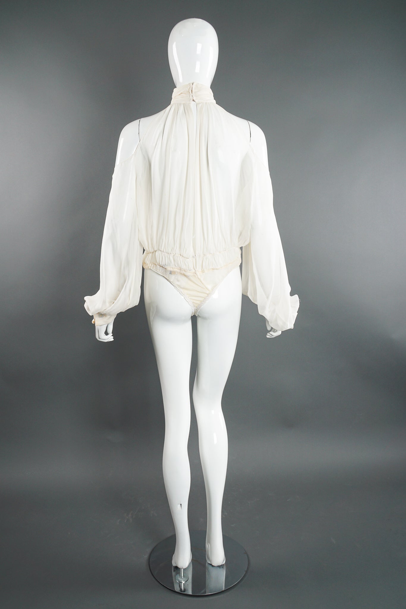 Vintage Donna Karan Sheer Chiffon Balloon Sleeve Bodysuit on Mannequin back at Recess LA