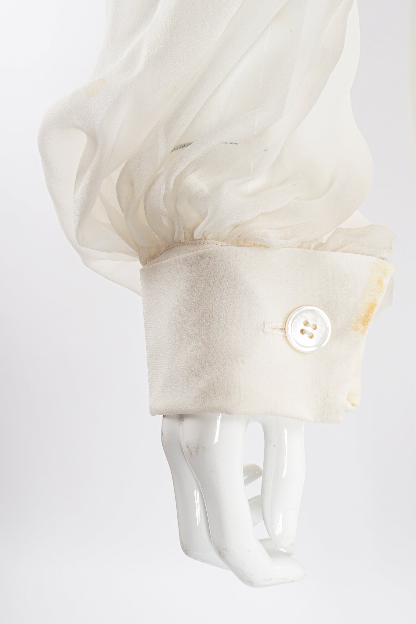 Vintage Donna Karan Sheer Chiffon Balloon Sleeve Bodysuit sleeve stain at Recess LA