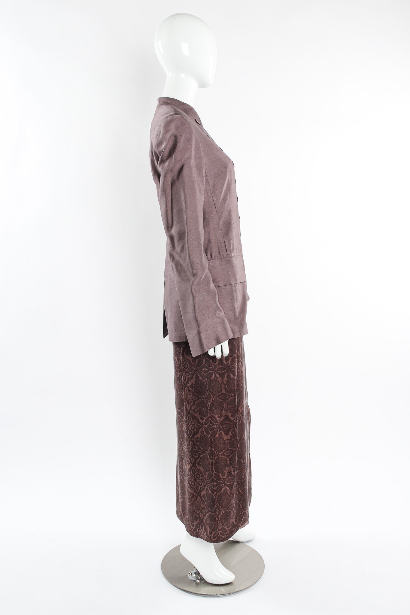 Vintage Dries Van Noten Floral Silk Jacket, Vest, & Skirt Set mannequin side w/ jacket @ Recess LA