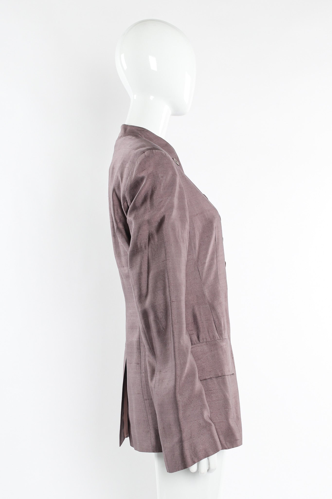 Vintage Dries Van Noten Floral Silk Jacket, Vest, & Skirt Set mannequin jacket side @ Recess LA