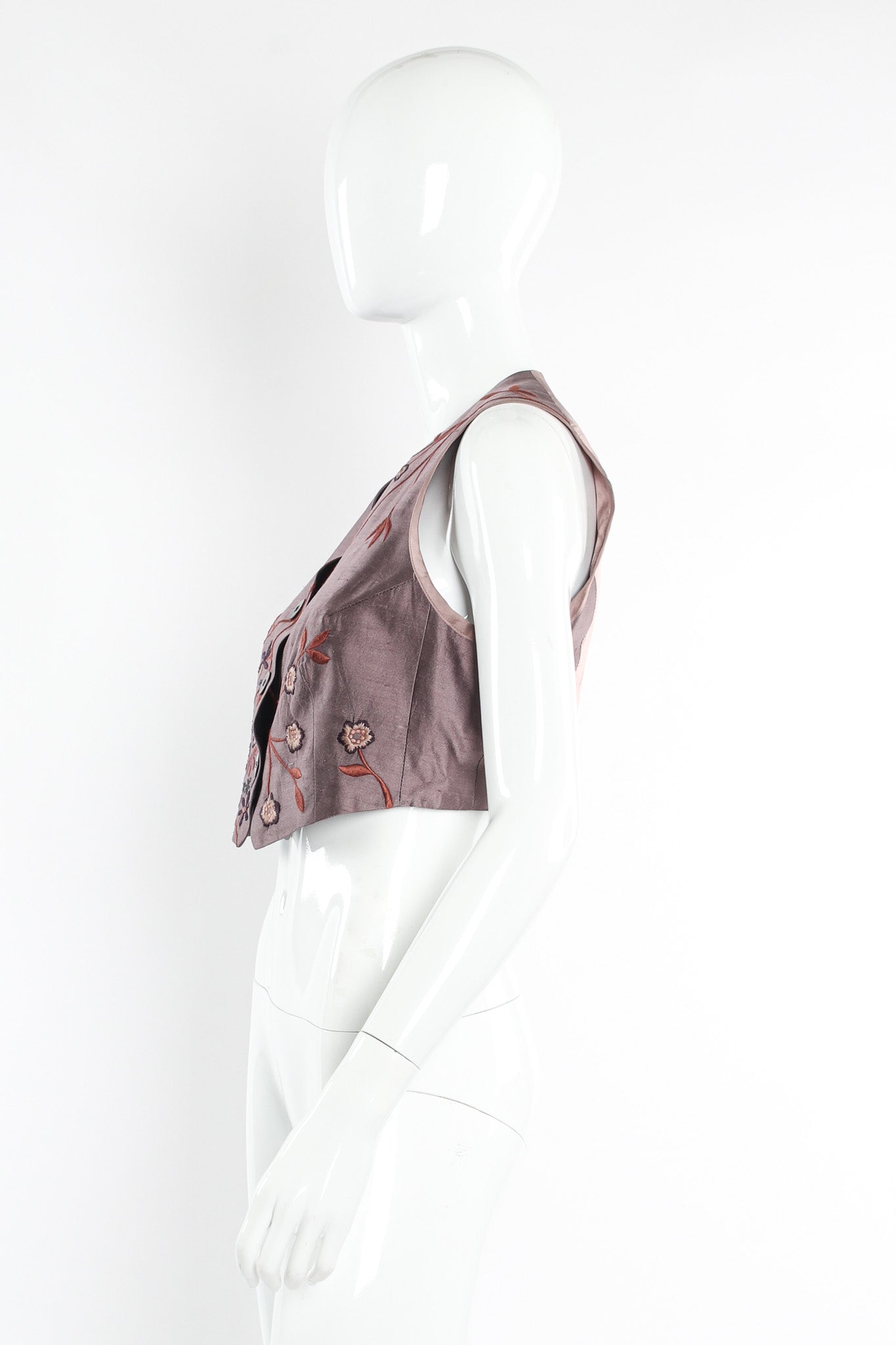 Vintage Dries Van Noten Floral Silk Jacket, Vest, & Skirt Set mannequin vest side @ Recess LA