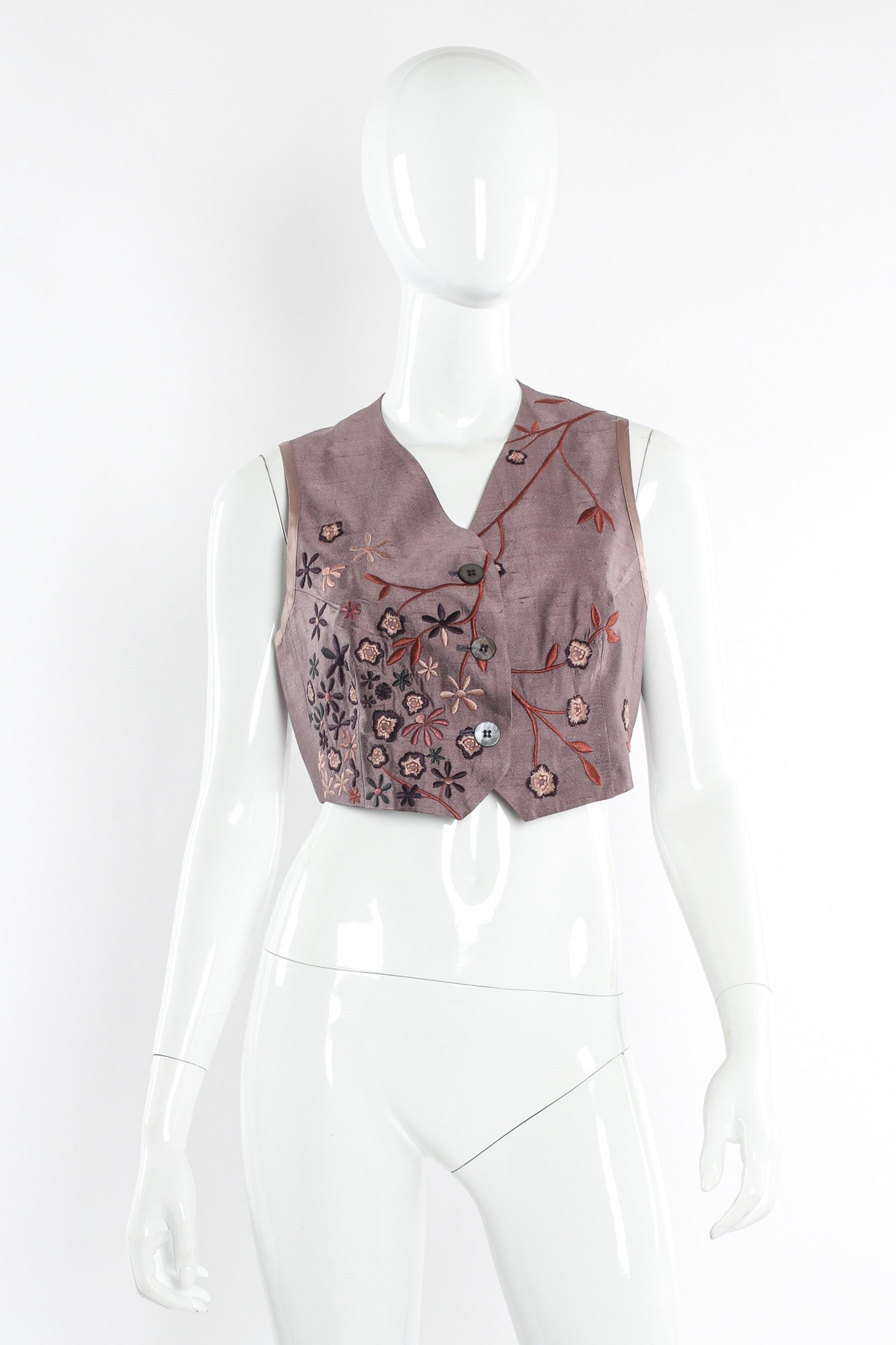 Vintage Dries Van Noten Floral Silk Jacket, Vest, & Skirt Set mannequin vest front @ Recess LA