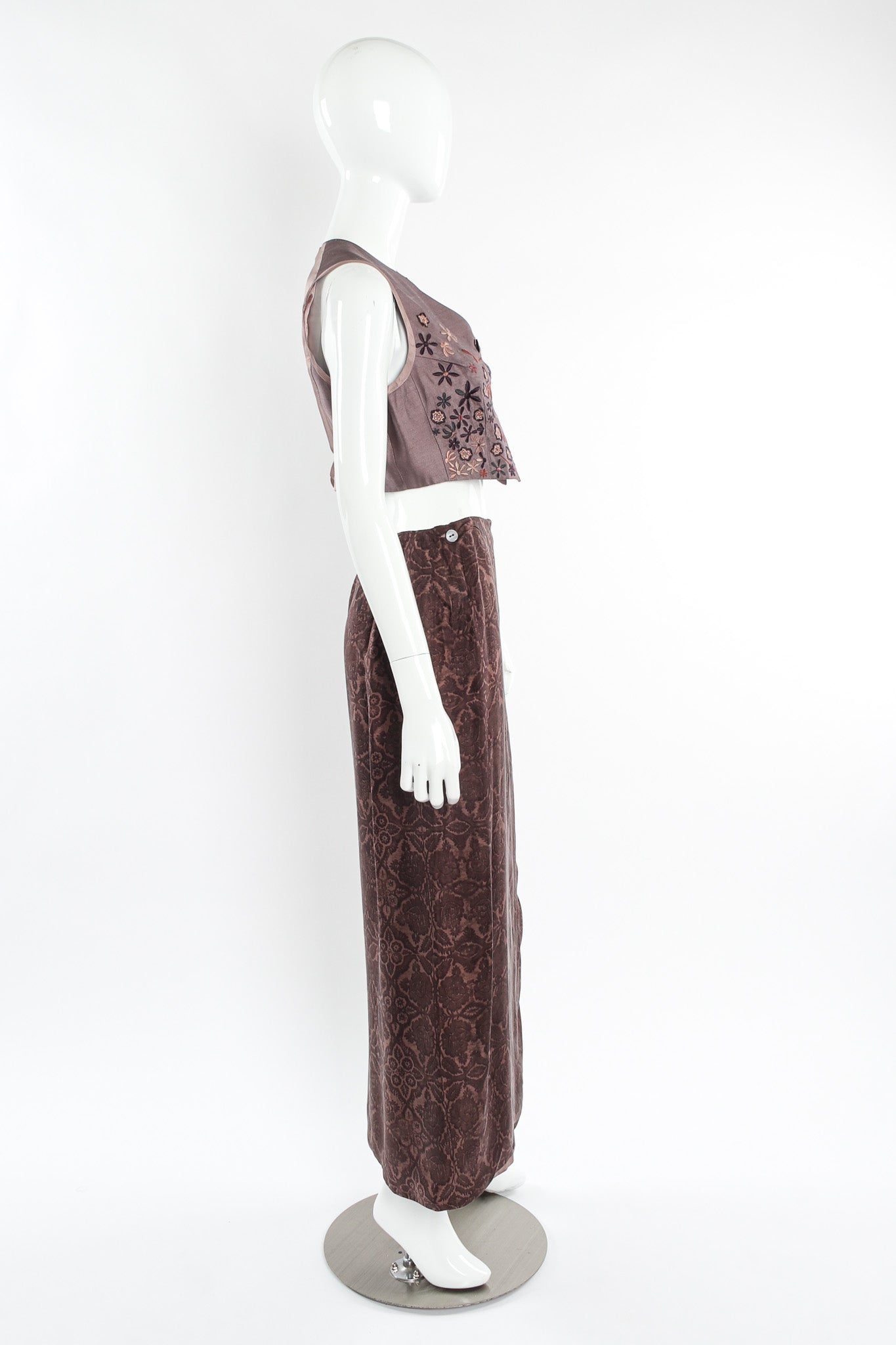 Vintage Dries Van Noten Floral Silk Jacket, Vest, & Skirt Set mannequin side no jacket @ Recess LA