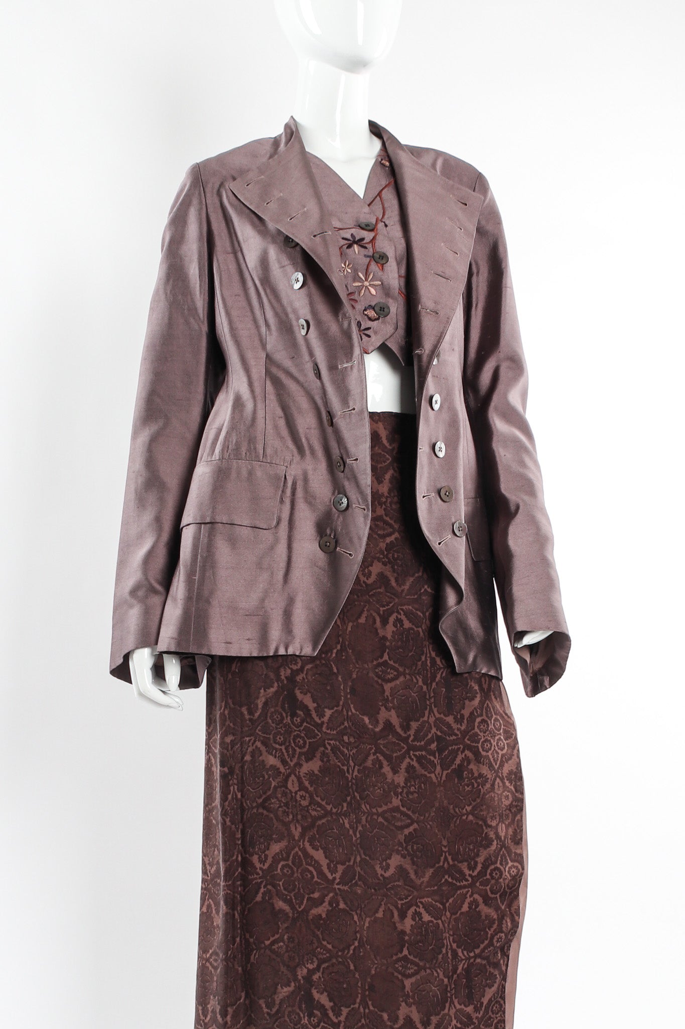 Vintage Dries Van Noten Floral Silk Jacket, Vest, & Skirt Set mannequin close jacket open @ Recess LA