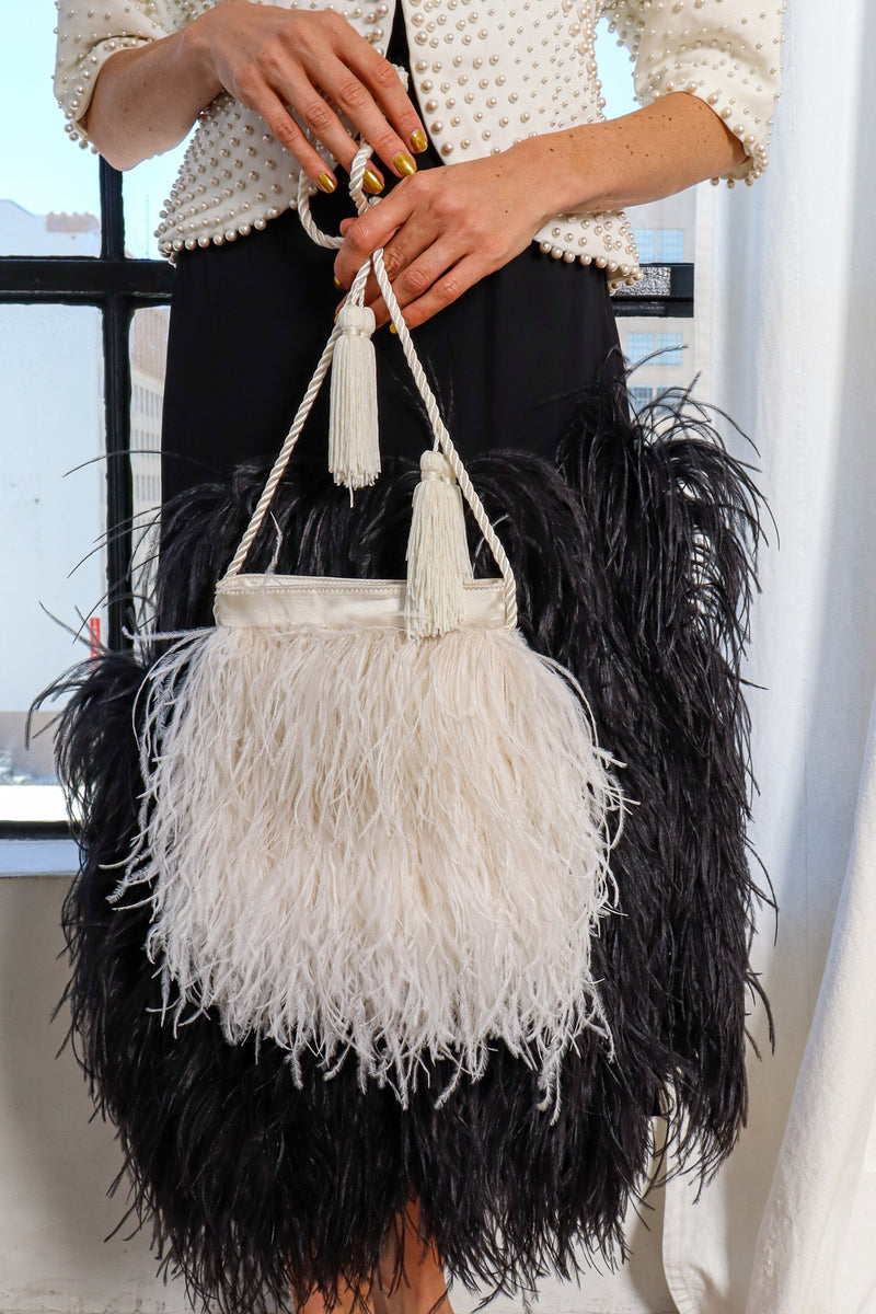 Model Miranda in Vintage Barneys New York Feathers Pouch Bag close up @ Recess LA
