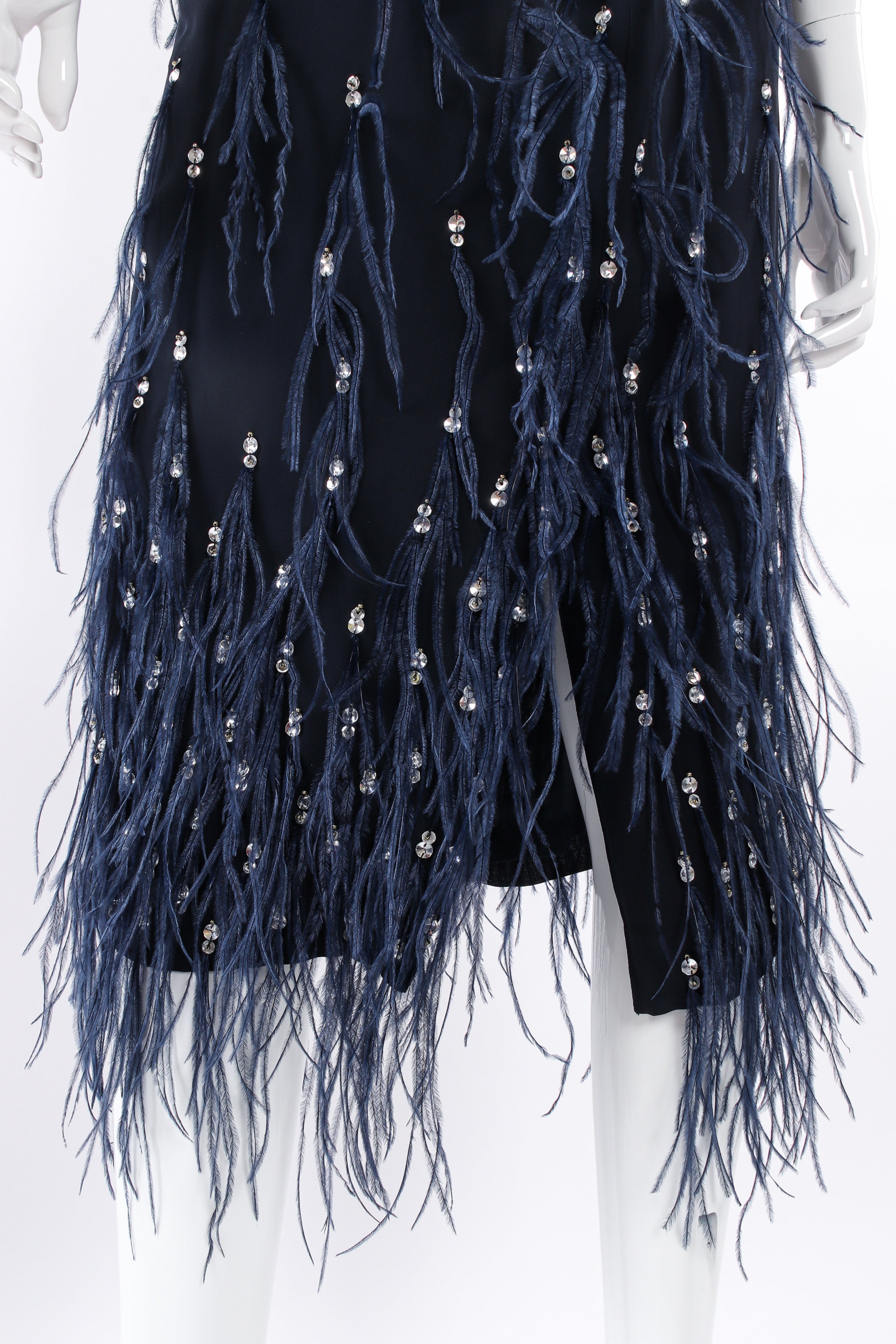 Vintage Dries Van Noten Sequin Ostrich Feather Skirt center back slit on mannequin  @ Recess LA