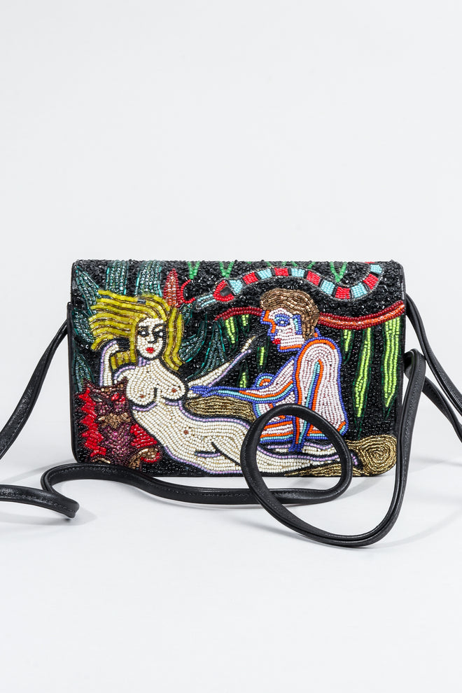 Vintage Bradley Adam & Eve Beaded Bag Front with strap at Recess Los Angeles