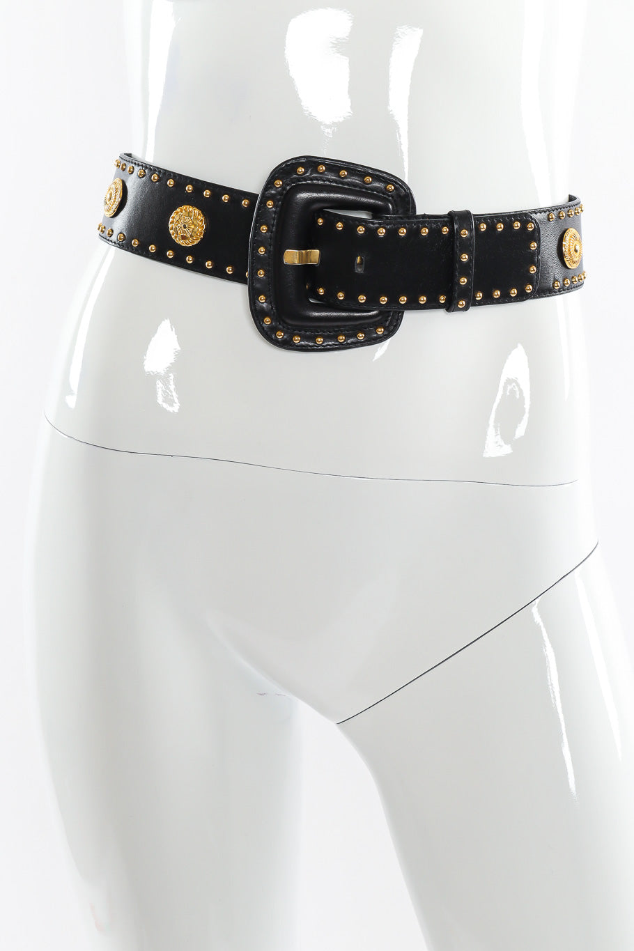 Wide black leather belt with mixed gold studs by Escada on mannequin front view @recessla