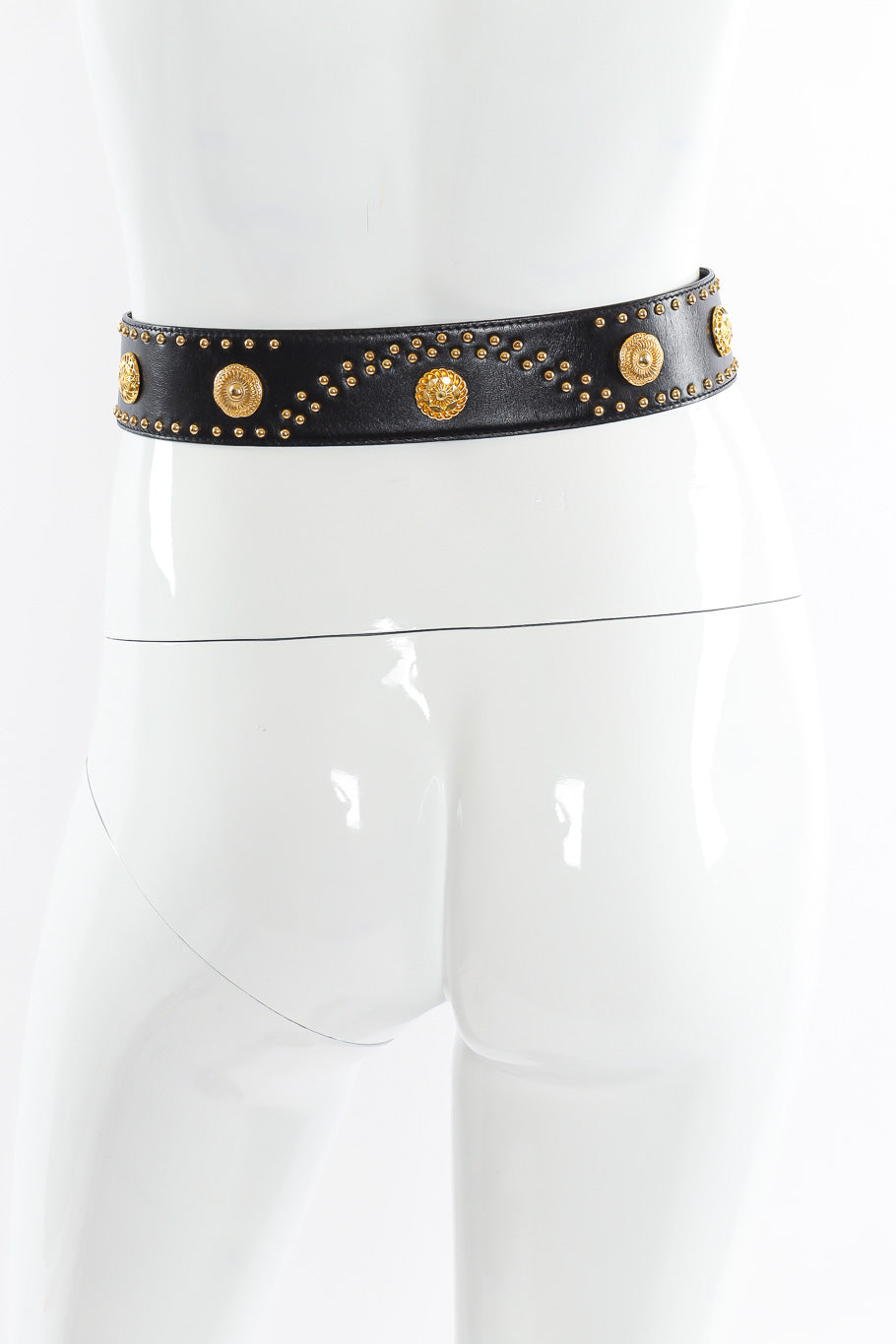 Wide black leather belt with mixed gold studs by Escada on mannequin back view @recessla