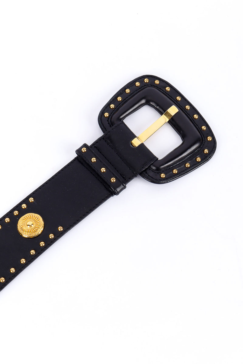 Wide black leather belt with mixed gold studs by Escada close up of studding leather buckle @recessla