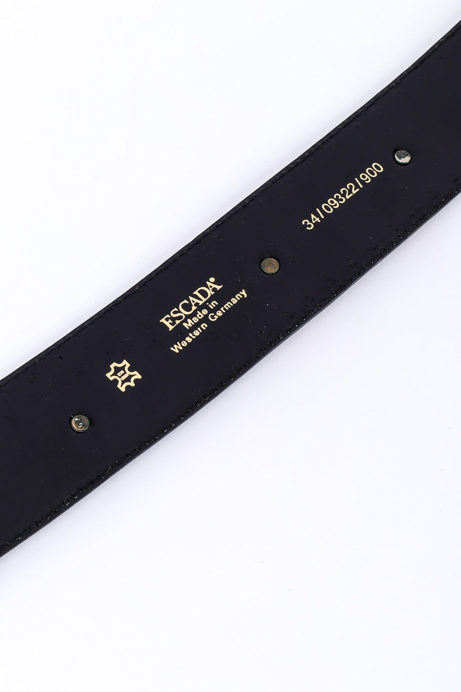 Wide black leather belt with mixed gold studs by Escada close up of label and slight oxidation of inner studs @recessla