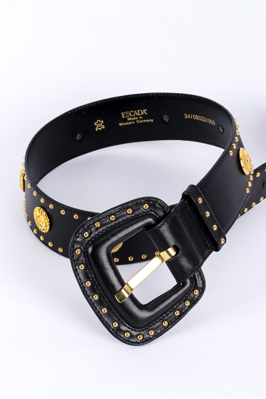 Wide black leather belt with mixed gold studs by Escada flat lay loop view @recessla