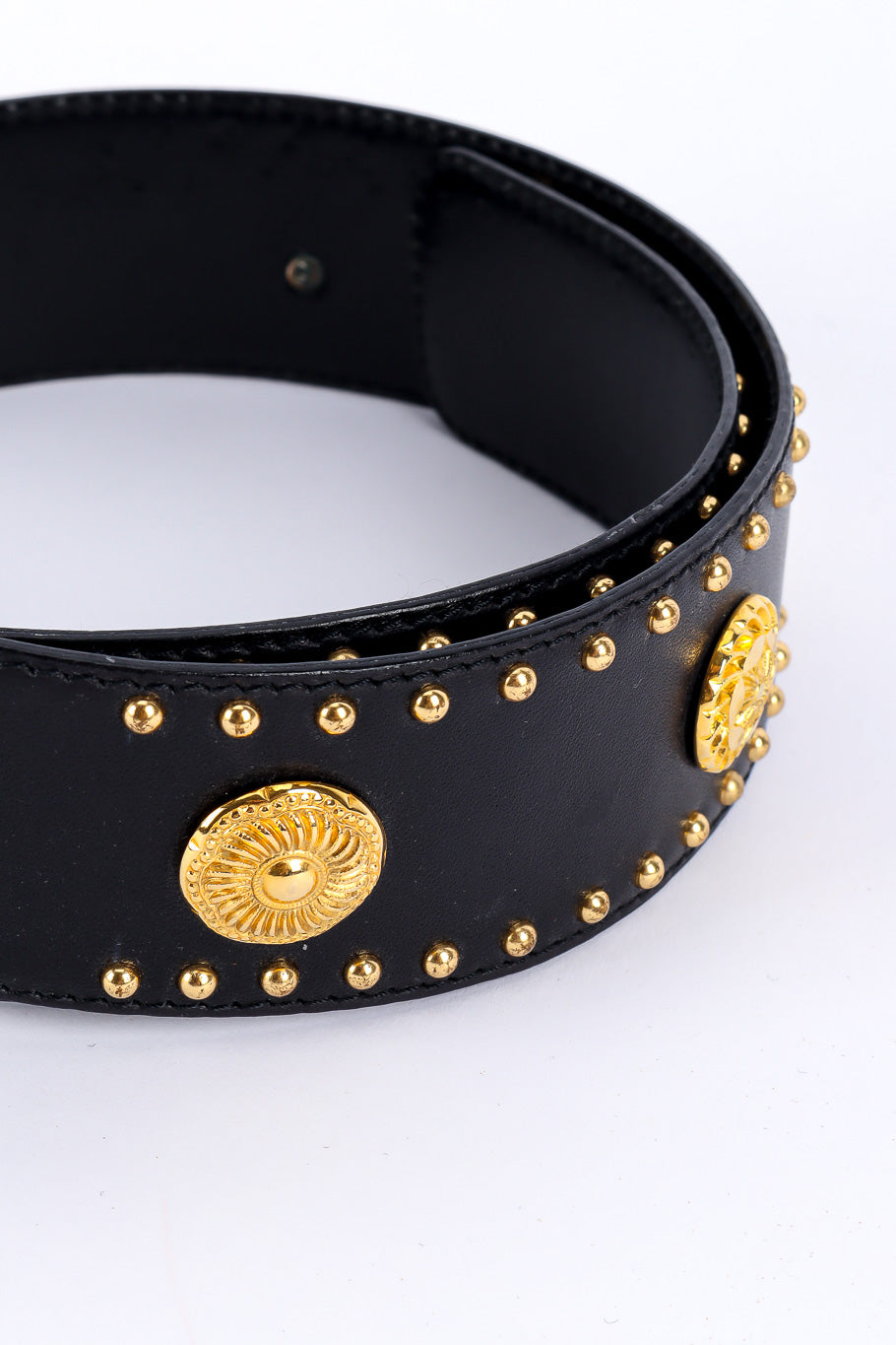 Wide black leather belt with mixed gold studs by Escada close up of studs flat lay @recessla