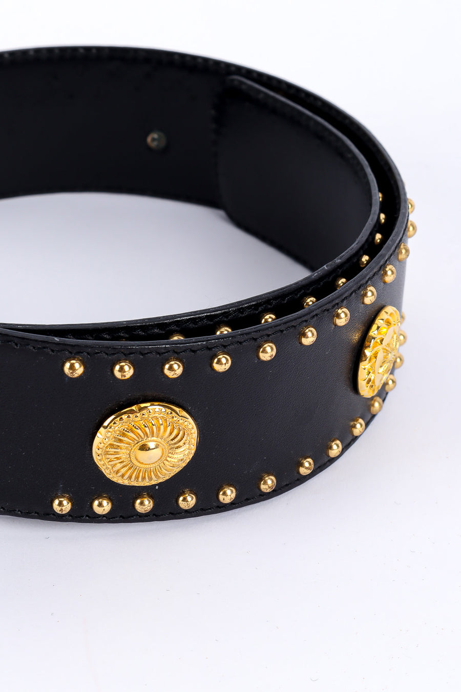 Escada Vintage Black And White Leather Belt Gold Tone Round Studs Escada W. Germany Black Stitched Leather Gold Studded 26-28  main image 2