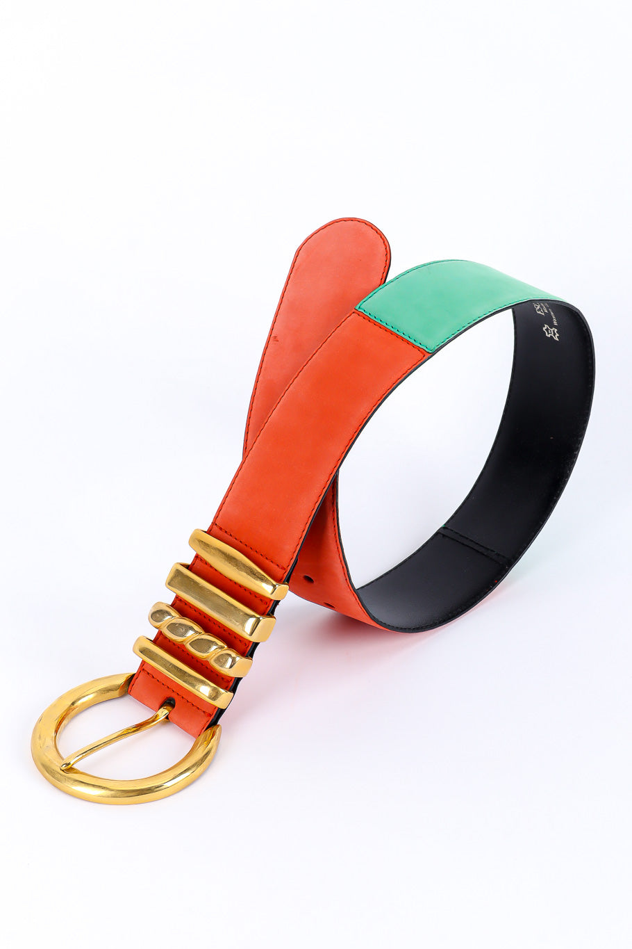 leather color block belt with heavy gold metal hardware by Escada flat lay loop @recessla