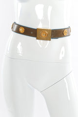 Wide olive brown leather belt with mixed gold studs by Escada on mannequin front @recessla