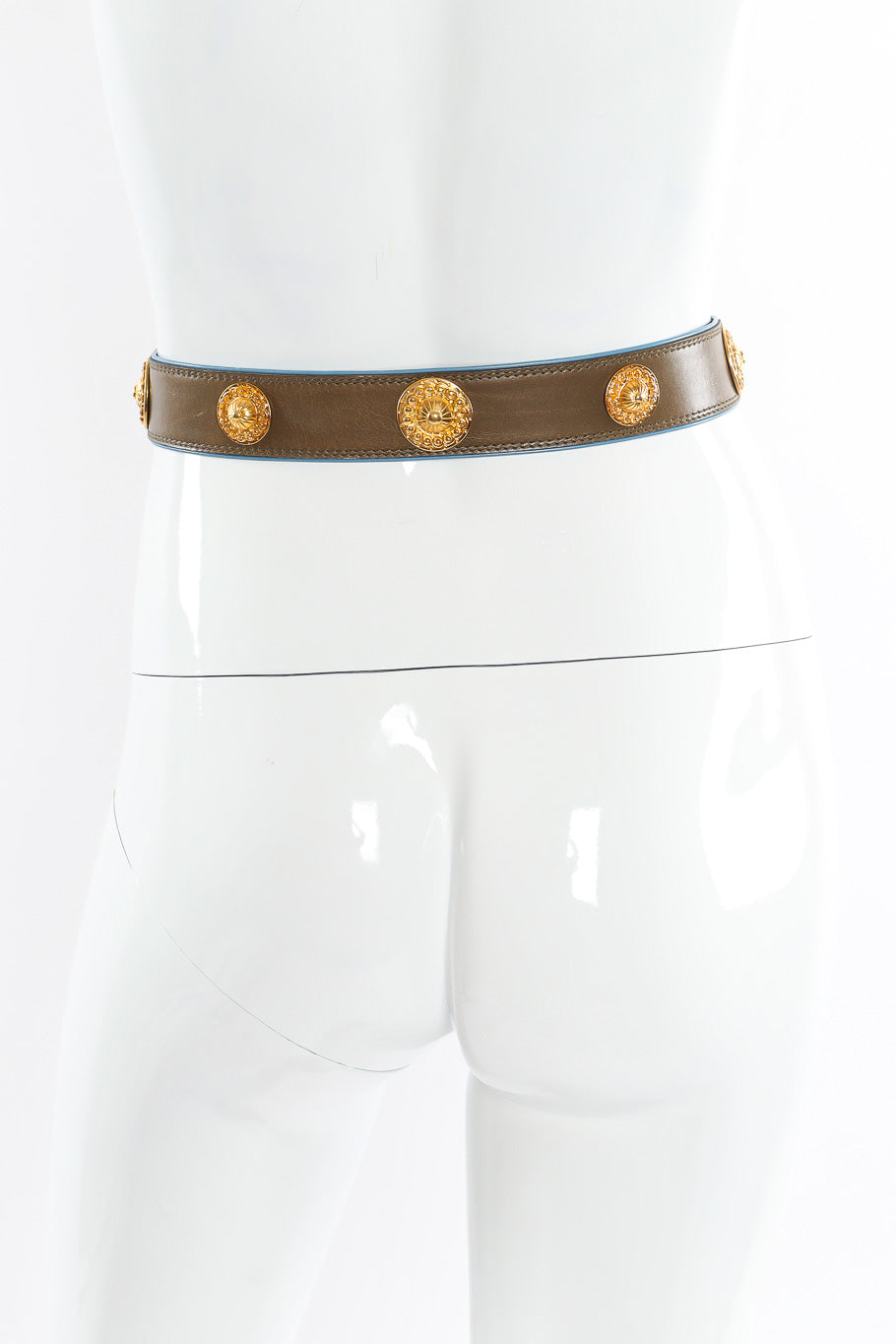 Wide olive brown leather belt with mixed gold studs by Escada on mannequin back @recessla
