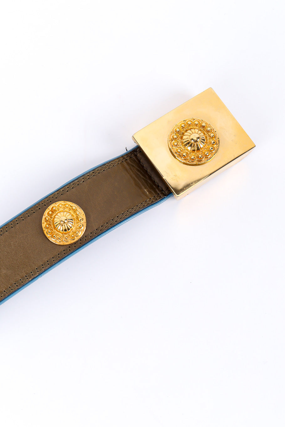 Wide olive brown leather belt with mixed gold studs by Escada buckle close @recessla