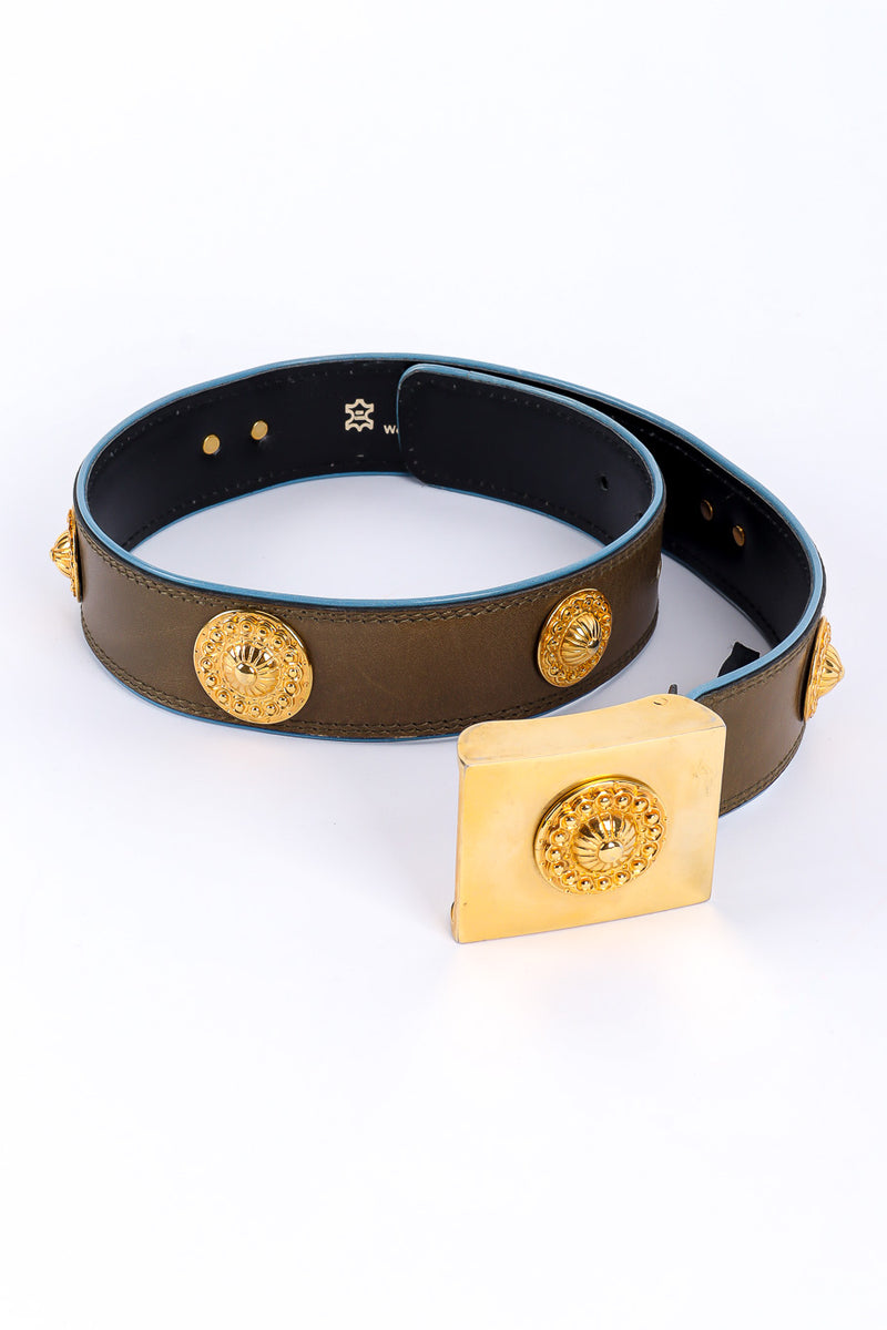 Wide olive brown leather belt with mixed gold studs by Escada flat lay @recessla