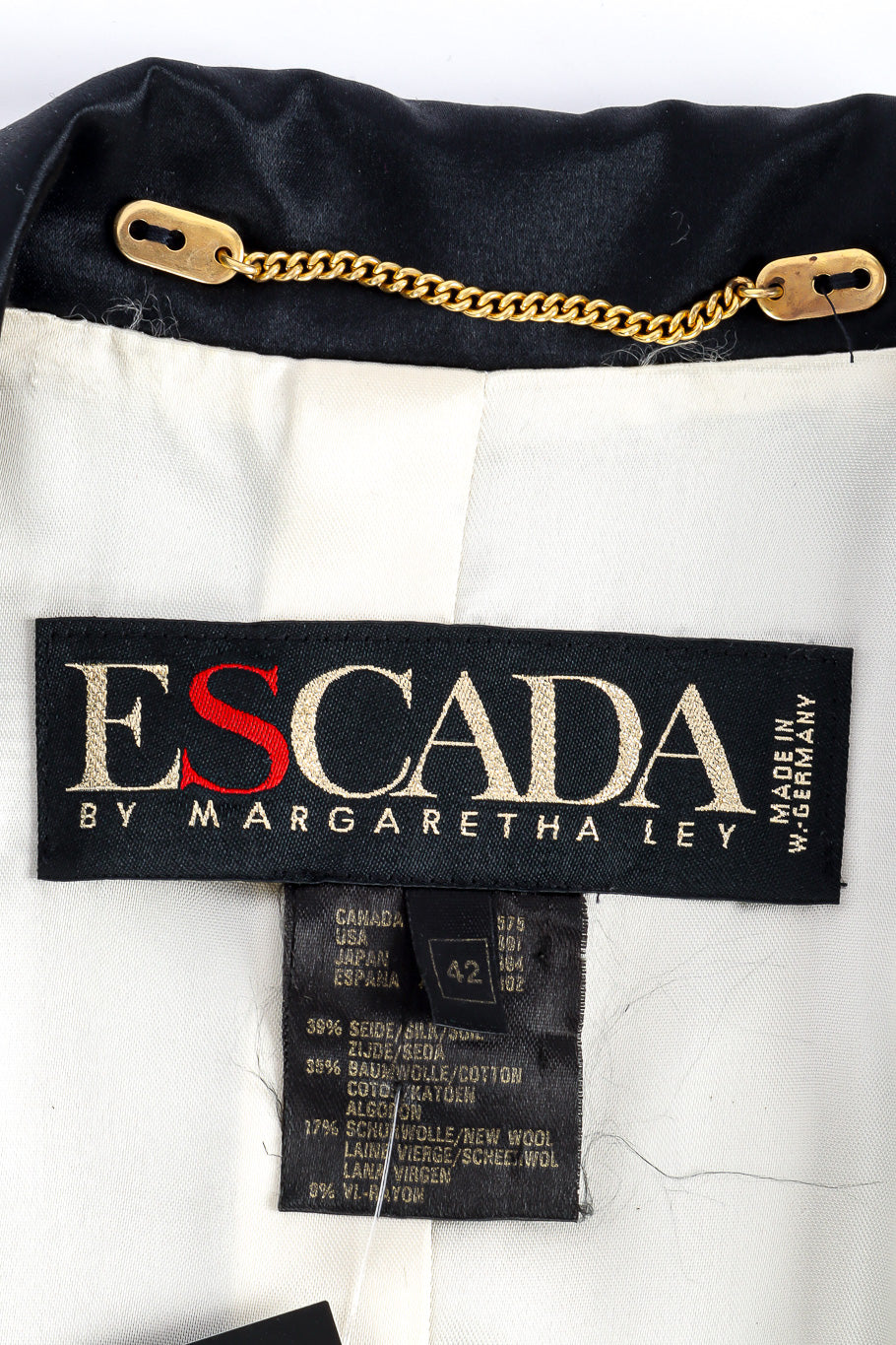 Embroidered longline blazer with contrast sleeves and wide silk lapel by Escada label and locker loop @recessla