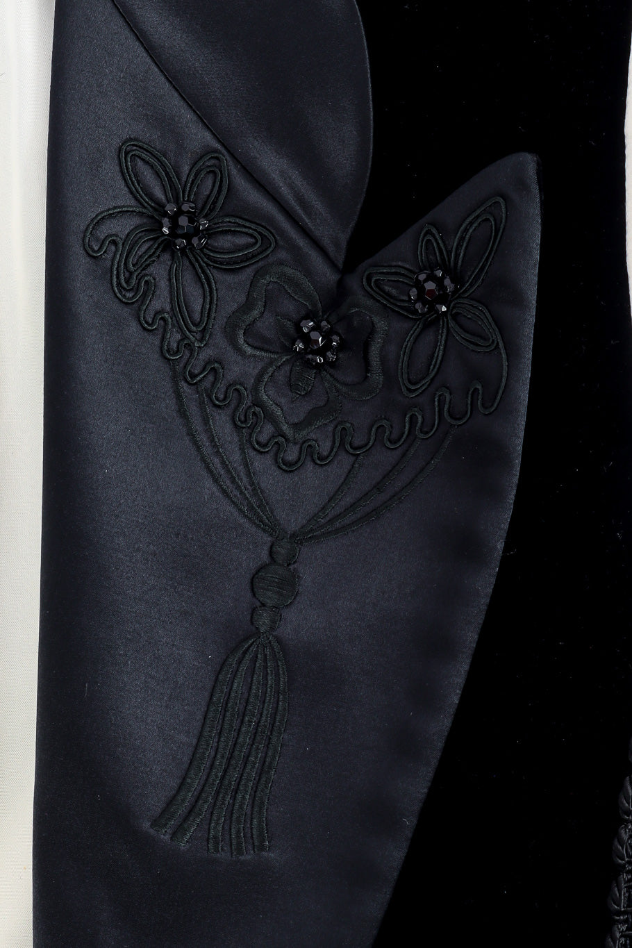 Embroidered longline blazer with contrast sleeves and wide silk lapel by Escada lapel detail close @recessla
