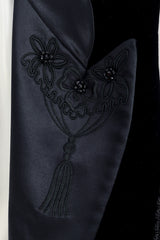 Embroidered longline blazer with contrast sleeves and wide silk lapel by Escada lapel detail close @recessla