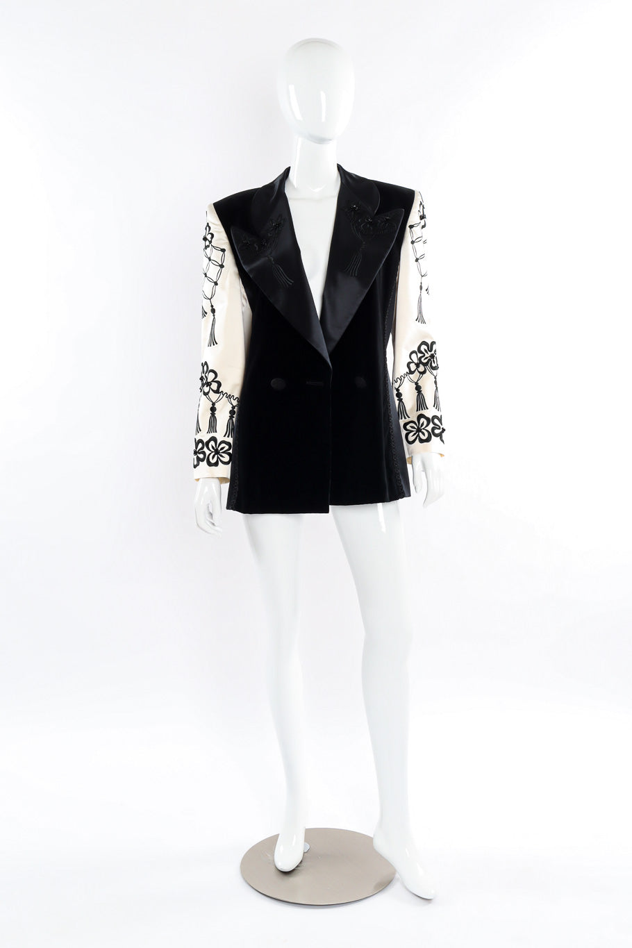 Embroidered longline blazer with contrast sleeves and wide silk lapel by Escada mannequin front @recessla