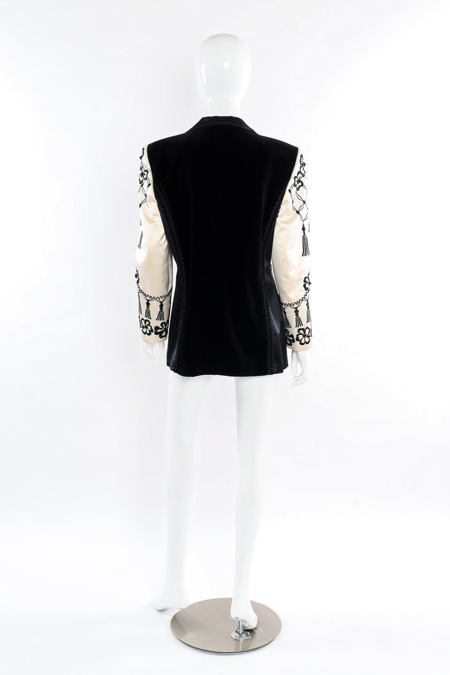 Embroidered longline blazer with contrast sleeves and wide silk lapel by Escada mannequin back @recessla