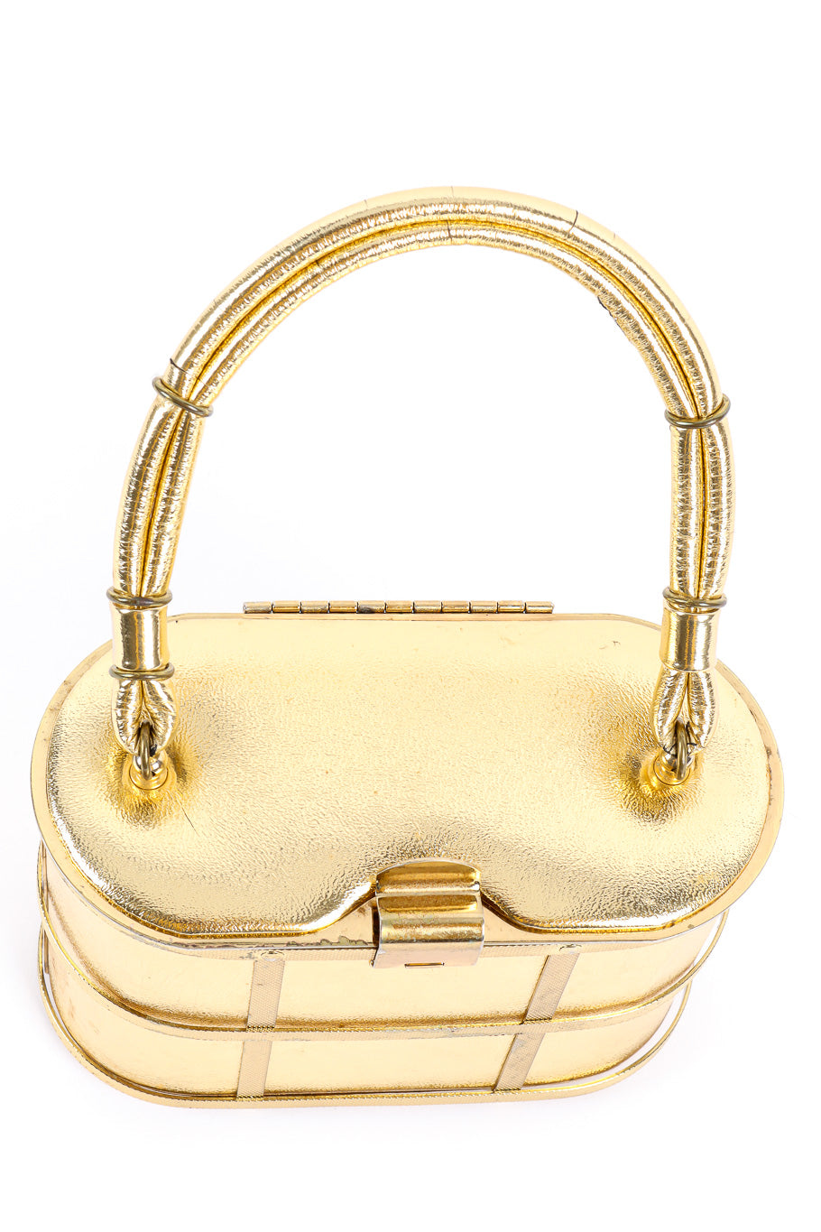 Etra metallic caged oval box bag top handle detail @recessla