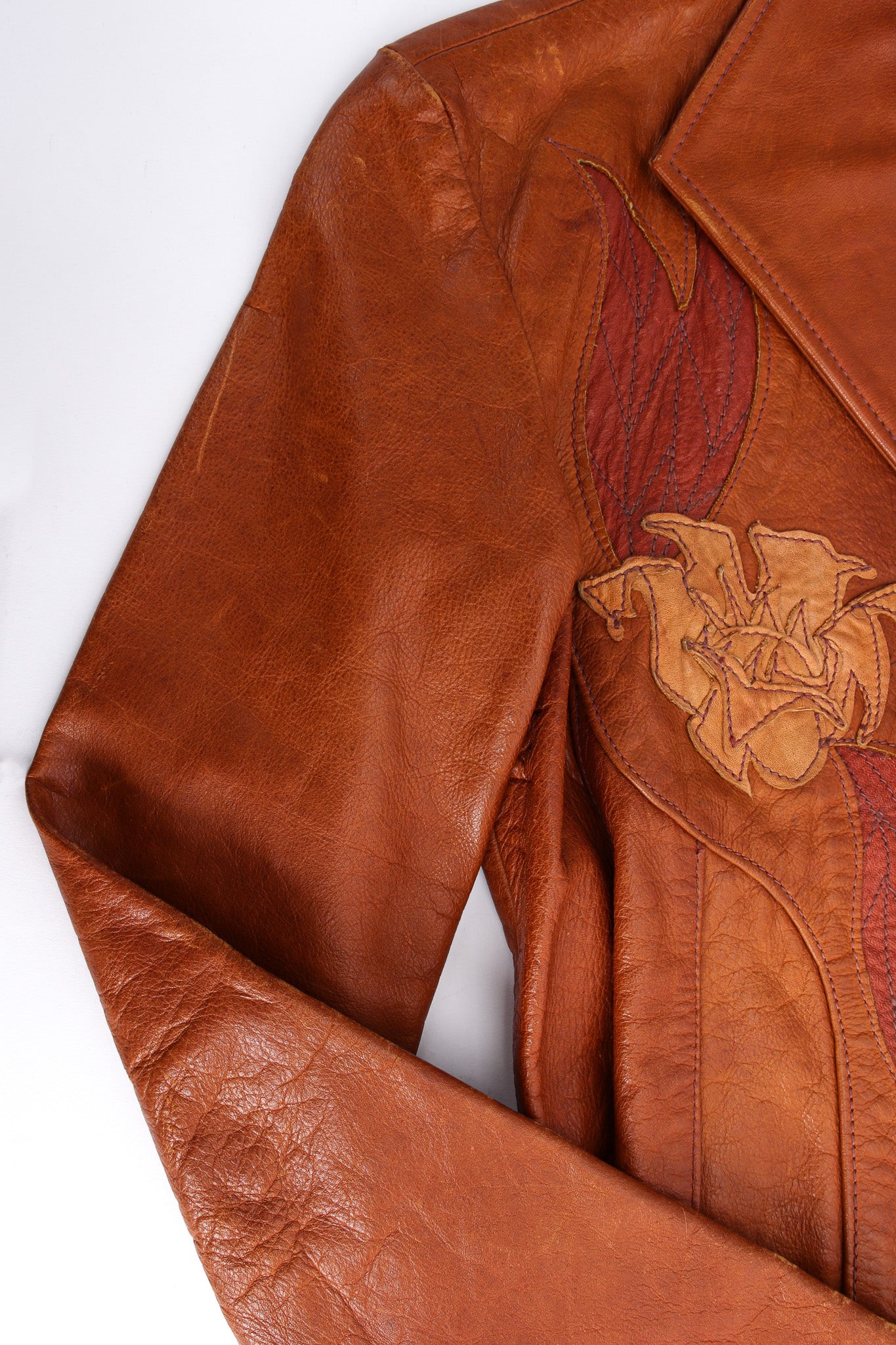 Vintage East West Musical Instruments Floral Appliqué Leather Jacket shoulder discoloration @ Recess LA