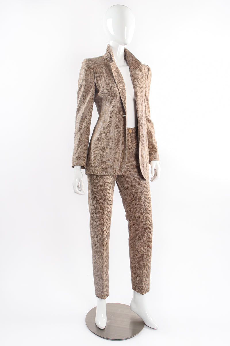 Vintage Emanuel Ungaro Suede Snakeskin Jacket & Pant Suit on Mannequin angle @ Recess LA
