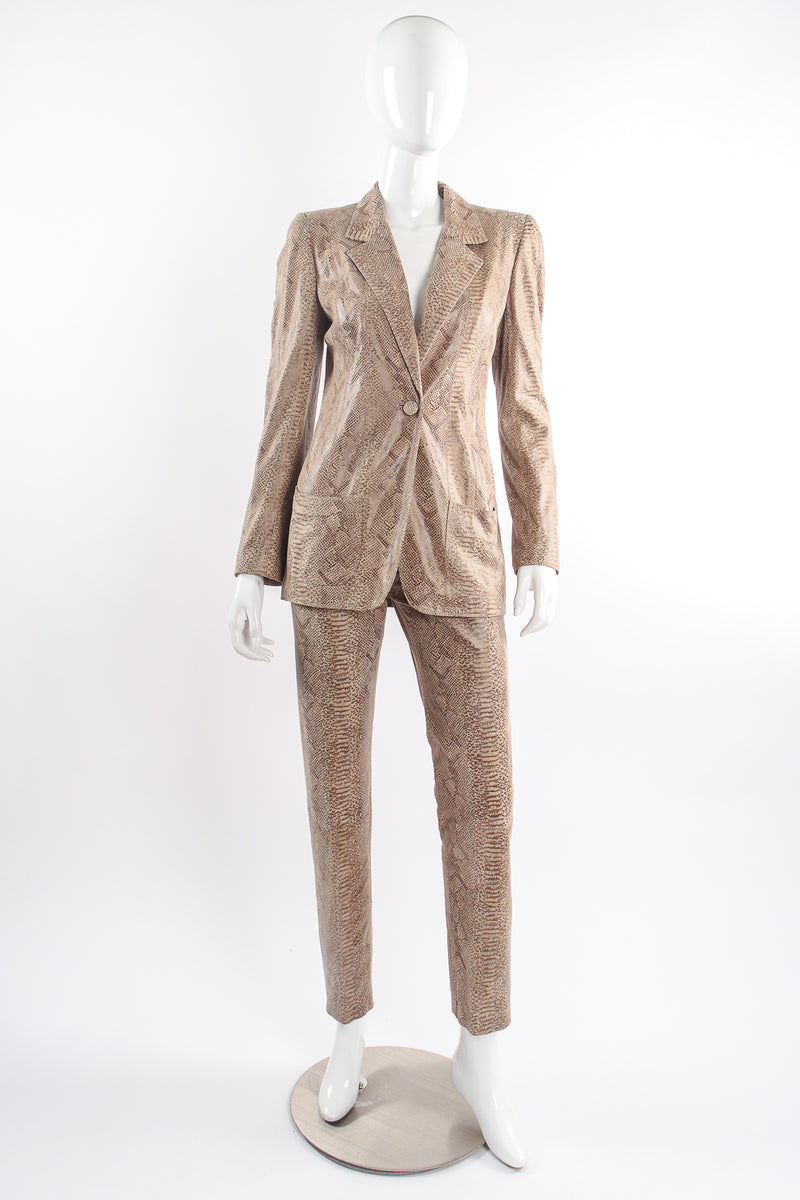 Vintage Emanuel Ungaro Suede Snakeskin Jacket & Pant Suit on Mannequin front @ Recess LA