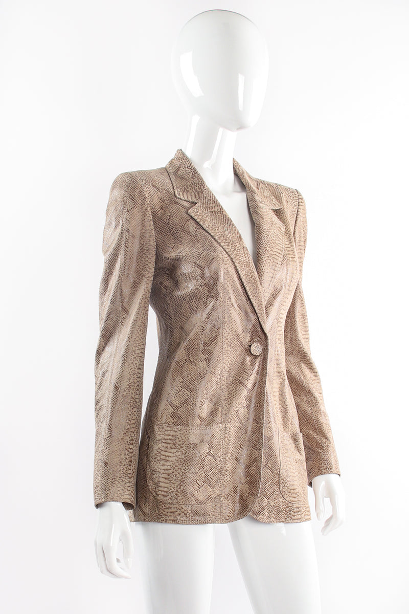 Vintage Emanuel Ungaro Suede Snakeskin Jacket Suit on Mannequin angle @ Recess LA