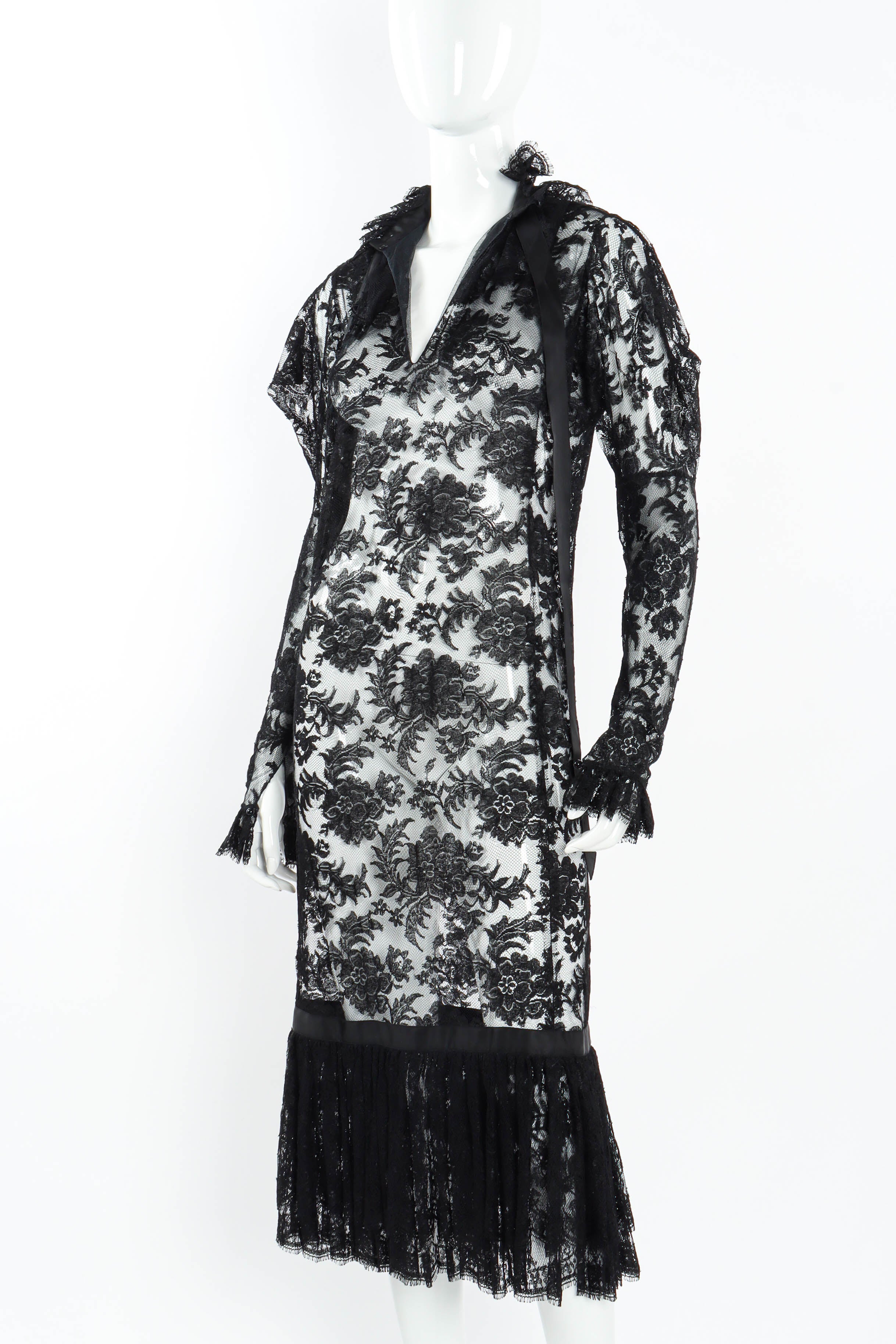 Vintage Emanuel Ungaro Bow Sheer Lace Dress mannequin angle neckline open  @ Recess LA