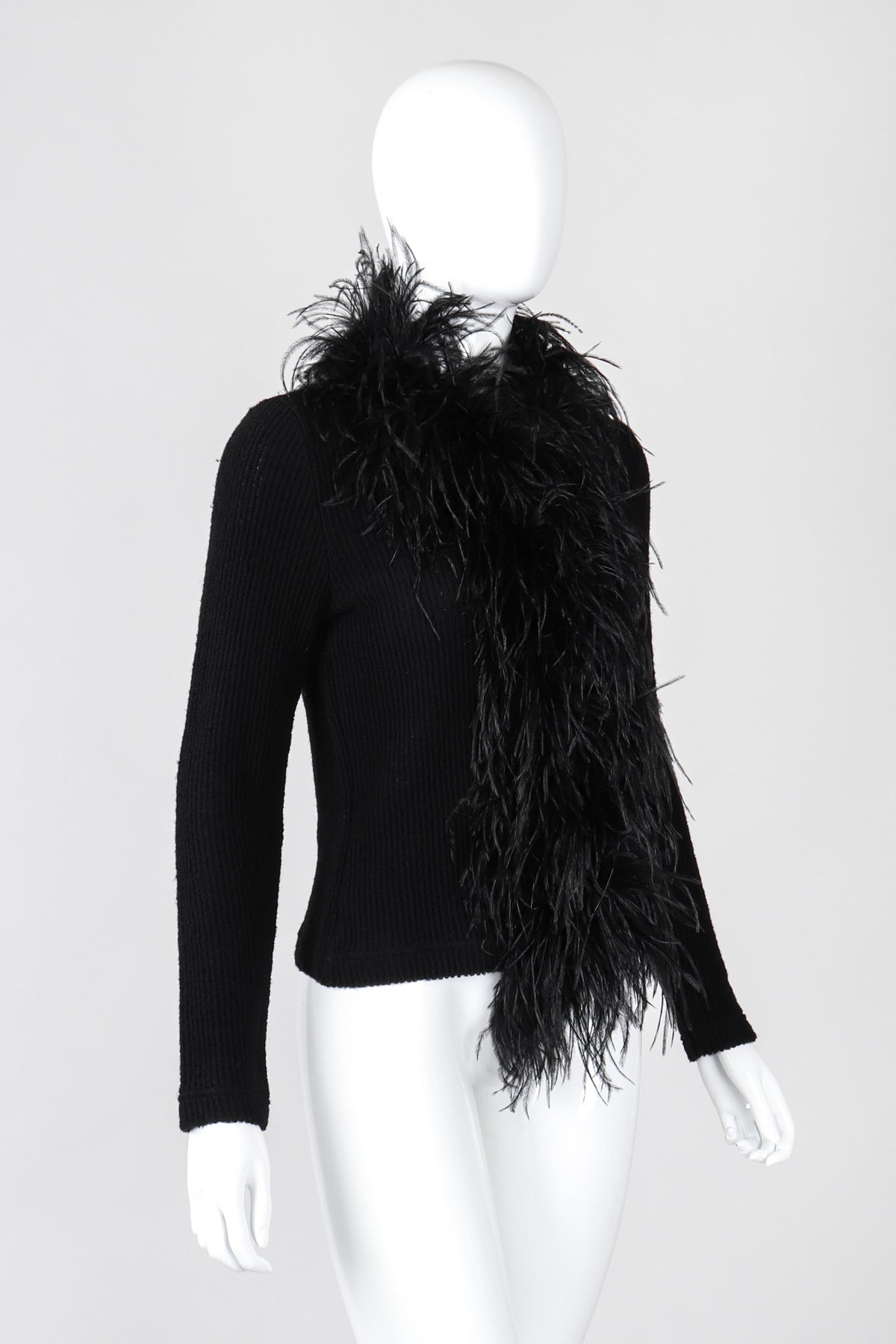 Vintage Emanuel Ungaro Liberte Ribbed Feather Trim Cardigan Sweater Recess